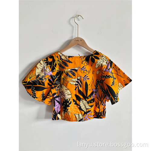 Ladies Floral Print Crossed Short Sleeve Crop Top